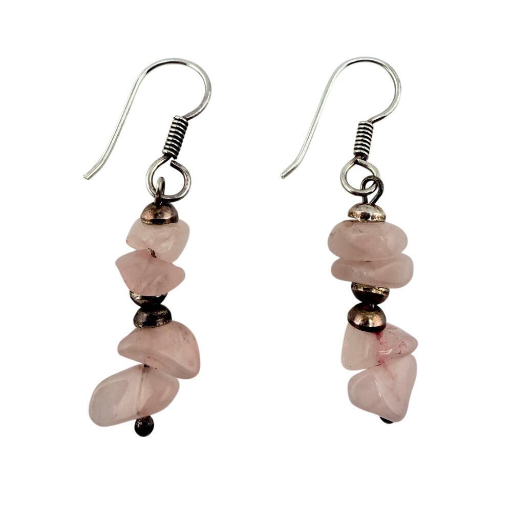 Rose Quartz Gemstone Beads 925 Sterling Silver Dangle Drop 1.75" Earrings
